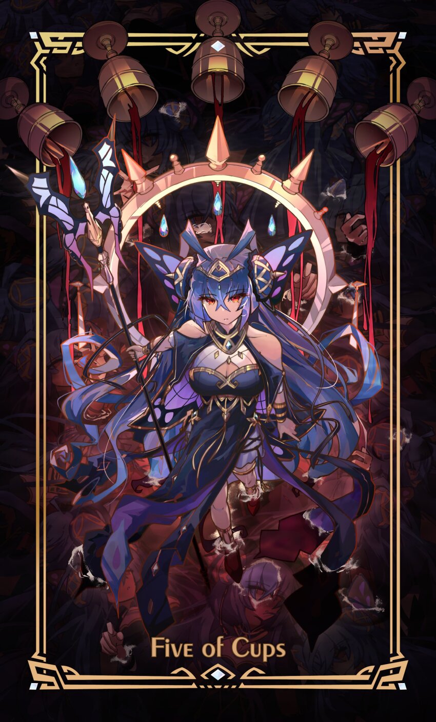 1girl, absurdres, bare_shoulders, blood, blue_hair, butterfly_hair_ornament, chalice, crossed_bangs