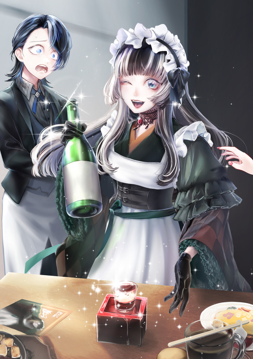 3girls, ;d, absurdres, alcohol, apron, black_corset, black_gloves, black_hair