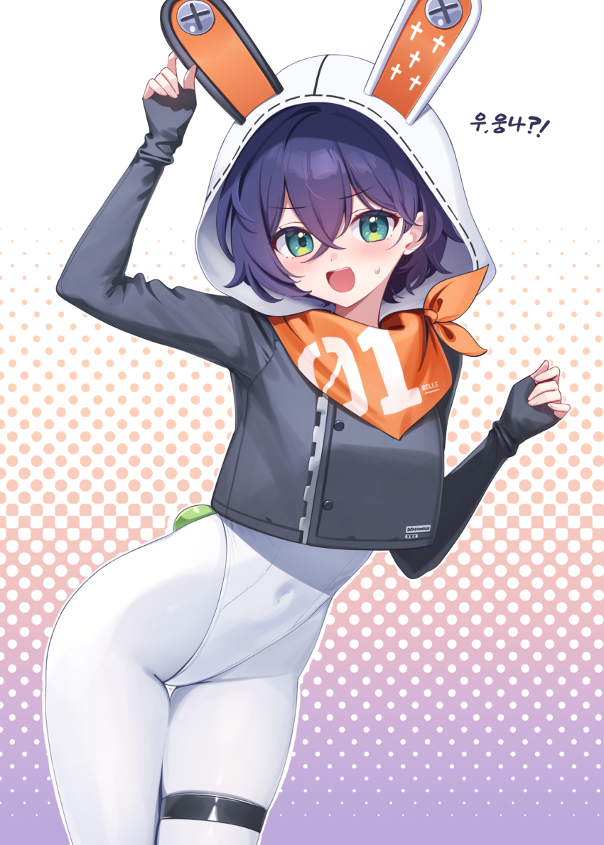 1girl, bandana, belle_(zenless_zone_zero), blue_hair, blush, breasts, cosplay, cowboy_shot, deadnooodles, eous_(zenless_zone_zero), eous_(zenless_zone_zero)_(cosplay), green_eyes, highres, korean_text, leotard, looking_at_viewer, medium_breasts, open_mouth, orange_bandana, pantyhose, short_hair, solo, sweatdrop, thigh_strap, white_leotard, white_pantyhose, zenless_zone_zero