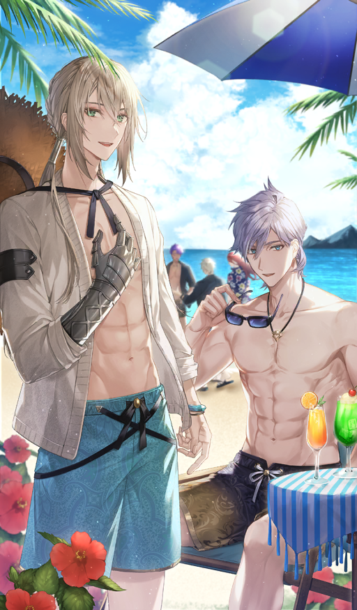 5boys, abs, airgetlam_(fate), airm, aqua_eyes, arm_at_side, beach, beach_umbrella, bedivere_(fate), bedivere_(rounds_beach)_(fate), black-framed_eyewear, black_male_swimwear, blonde_hair, blue-tinted_eyewear, blue_male_swimwear, blue_sky, bracelet, cardigan, champagne_flute, cherry, cloud, commentary_request, cowboy_shot, cup, day, drink, drinking_glass, fate/grand_order, fate_(series), flower, food, fruit, garnish, gawain_(fate), gawain_(scion_of_summer)_(fate), green_eyes, hair_between_eyes, hair_tie, hand_on_own_chest, hat, hat_on_back, hibiscus, holding, holding_removed_eyewear, horizon, ice, ice_cube, jewelry, lancelot_(fate/grand_order), lancelot_(strongest_knight_of_summer)_(fate), long_hair, looking_at_viewer, looking_to_the_side, low_twintails, male_focus, male_swimwear, mountain, multiple_boys, navel, non-circular_lens_flare, ocean, official_art, open_cardigan, open_clothes, orange_(fruit), orange_slice, outdoors, paisley, palm_tree, parted_lips, pectorals, pendant, percival_(fate), percival_(rounds_beach)_(fate), prosthesis, prosthetic_arm, purple_hair, red_flower, red_hair, sand, short_hair, sidelocks, sitting, sky, smile, standing, straw_hat, sun_hat, sunglasses, sunlight, swim_trunks, table, tan, teeth, third-party_source, three-quarter_sleeves, tinted_eyewear, toned, toned_male, topless_male, tree, tristan_(chicken_of_luluhawa)_(fate), tristan_(fate), tropical_drink, twintails, umbrella, unworn_eyewear, upper_teeth_only, white_cardigan, white_hair