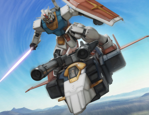1970s_(style), aircraft, blue_sky, canards, cannon, day, energy_sword, fighting_stance, flying, g-fighter, gundam, helmet, mecha, mobile_suit_gundam, mountain, no_humans, oldschool, pilot, pilot_suit, realistic, retro_artstyle, riding, robographer, robot, rx-78-2_gundam, shield, sky, spacecraft, spacesuit, starfighter, sword, weapon