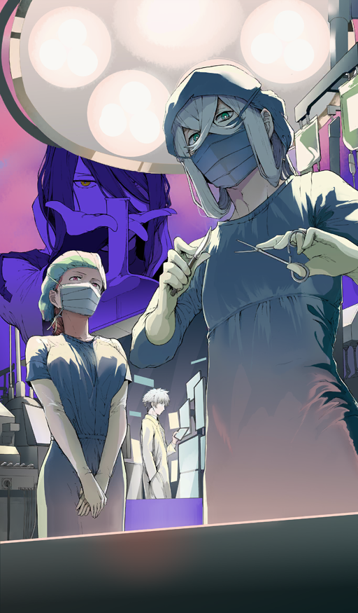 1girl, 3boys, asclepius_(fate), between_fingers, blue_hat, breasts, brown_hair, charles-henri_sanson_(fate)