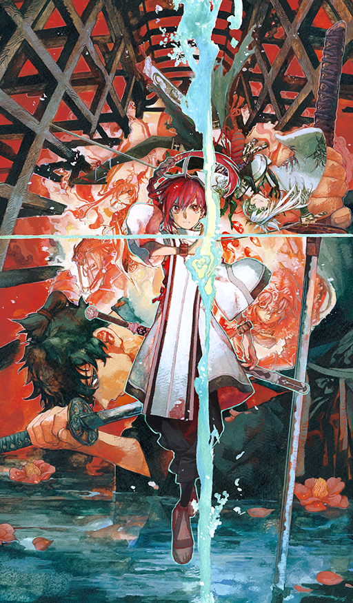 1other, 2girls, 3boys, archer_(fate/samurai_remnant), black_hair, black_pantyhose, blue_eyes, bracelet, braid, chonmage, commentary, divine_water_(fate), dual_wielding, fate/grand_order, fate/samurai_remnant, fate_(series), game_cg, grin, hakama, hakama_pants, holding, holding_sword, holding_weapon, japanese_clothes, jeanne_d'arc_(fate), jeanne_d'arc_alter_(fate), jeanne_d'arc_alter_(lancer)_(fate), jewelry, katana, kimono, long_hair, long_sleeves, looking_at_viewer, miyamoto_iori_(fate), miyamoto_musashi_(fate), miyamoto_musashi_(woman_of_niten_ichiryuu)_(fate), multiple_boys, multiple_girls, official_art, pants, pantyhose, promotional_art, red_eyes, red_hair, red_theme, rogue_berserker_(fate/samurai_remnant), sandals, sheath, sheathed, short_hair, short_kimono, smile, solo_focus, sword, third-party_source, topknot, upside-down, wataru_rei, water, weapon, white_hair, white_kimono, wide_sleeves, yamato_takeru_(fate)