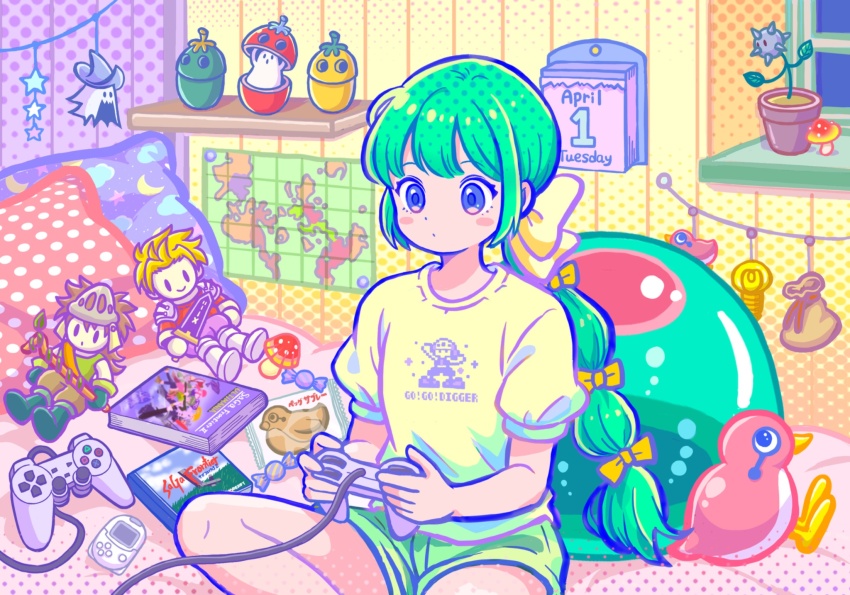 1girl, blush_stickers, calendar_(object), closed_mouth, game_controller, green_hair, highres, long_hair