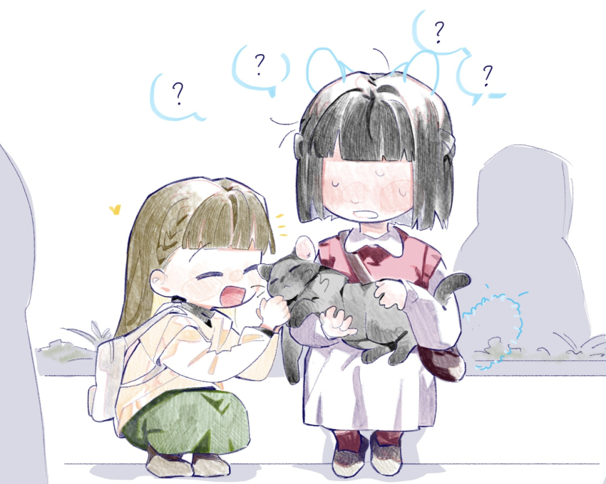 2girls, :<, :d, ?, ^_^, animal, animal_ears, black_cat, black_hair, blunt_bangs, blunt_ends, bob_cut, braid, brown_shoes, cat, cat_day, cat_ears, cat_tail, closed_eyes, collared_dress, colored_speech_bubble, commentary, confused, drawn_ears, drawn_tail, dress, green_skirt, half_up_braid, heart, highres, holding, holding_animal, holding_cat, kachimachi_kosuzu, kachimachi_kosuzu_(birdcage_casual), link!_like!_love_live!, long_dress, long_skirt, love_live!, momose_ginko, momose_ginko_(hanamusubi_casual), multiple_girls, nervous_sweating, no_eyes, notice_lines, official_alternate_costume, official_alternate_hairstyle, open_mouth, pipi_(m1x_mix), red_socks, red_sweater_vest, shoes, short_hair, sitting, skirt, smile, socks, speech_bubble, spoken_question_mark, sweat, sweater_vest, tail, virtual_youtuber, white_dress, yellow_sweater_vest