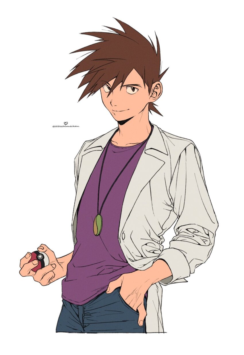 1boy, 55oshimechan, aged_up, brown_eyes, brown_hair, closed_mouth, coat, gary_oak