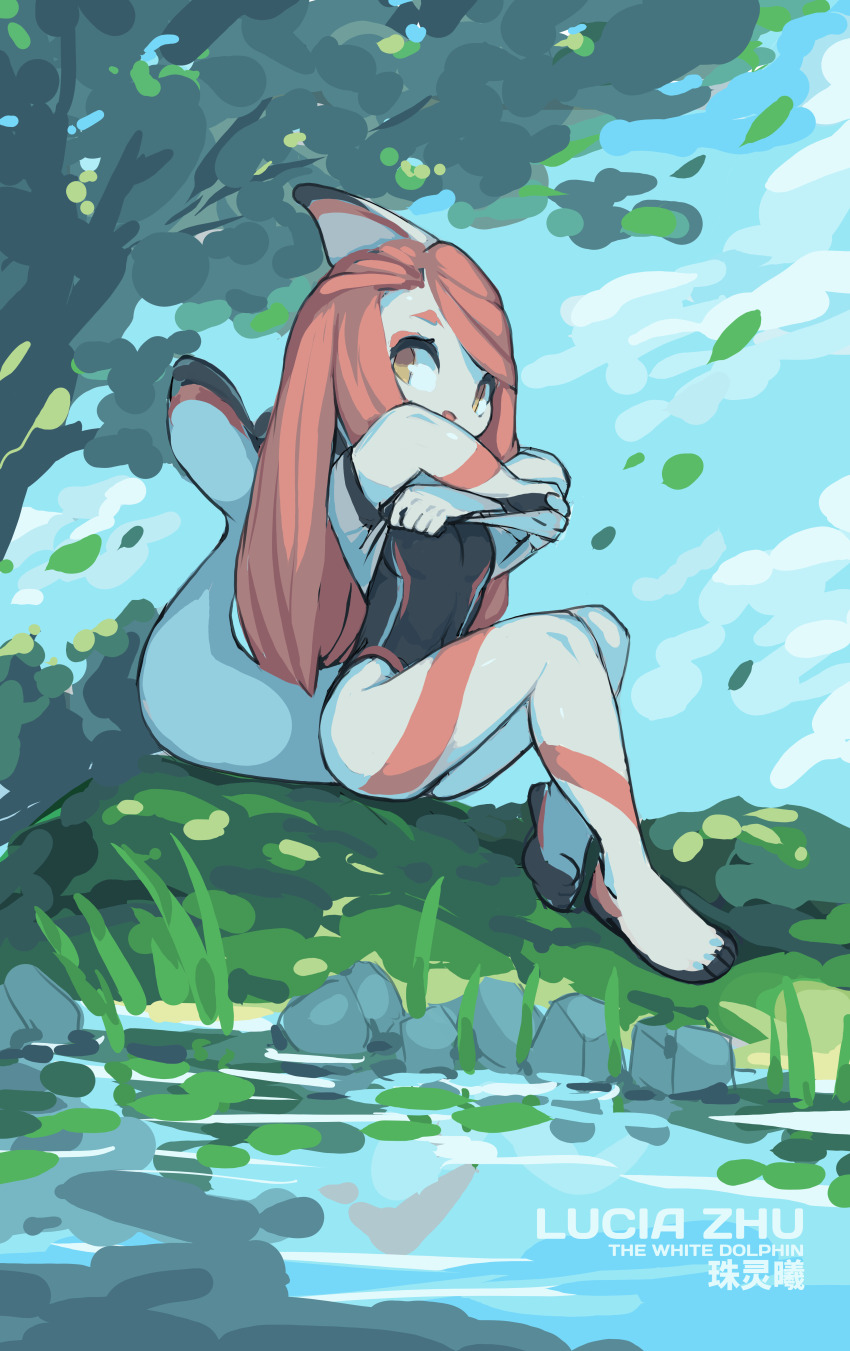 1girl, 2021, absurdres, blue_sky, breasts, cetacean_tail, cloud, colored_skin, competition_swimsuit, dolphin, dolphin_fin, dolphin_girl, falling_leaves, fins, fish_tail, full_body, furry, furry_female, grass, highres, krita_(medium), leaf, light_smile, lingxi_the_spirit_dolphin, long_hair, looking_at_viewer, non-web_source, on_ground, one-piece_swimsuit, original, outdoors, parted_lips, pink_hair, rock, shirt, signature, sitting, sky, small_breasts, soles, spirit_animals_in_disguise, swimsuit, swimsuit_under_clothes, tail, tree, tyson_tan, undressing, white_shirt, white_skin, yellow_eyes