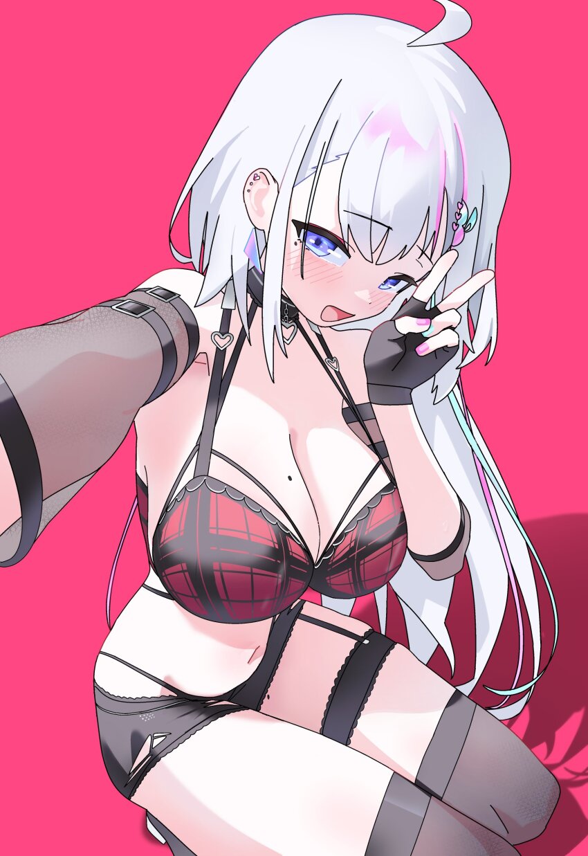 1girl, absurdres, ahoge, aqua_hair, black_gloves, black_shorts, bra, breasts