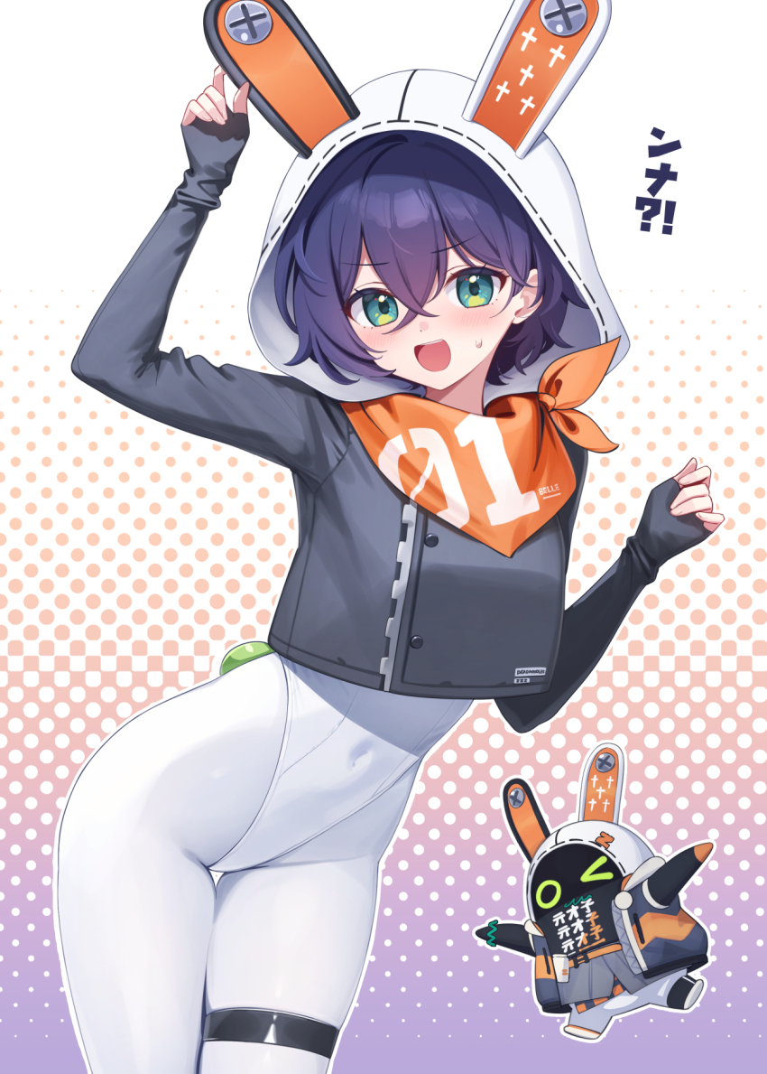 >_o, 1girl, bandana, bandana_around_neck, bangboo_(zenless_zone_zero), belle_(zenless_zone_zero), blue_hair, blush, breasts, cosplay, cowboy_shot, crossed_bangs, deadnooodles, eous_(zenless_zone_zero), eous_(zenless_zone_zero)_(cosplay), green_eyes, hair_between_eyes, hair_ornament, highleg, highleg_leotard, highres, korean_text, leotard, letter_hair_ornament, looking_at_viewer, medium_breasts, one_eye_closed, open_mouth, orange_bandana, pantyhose, polka_dot, polka_dot_background, revision, short_hair, sweatdrop, thigh_strap, white_leotard, white_pantyhose, zenless_zone_zero