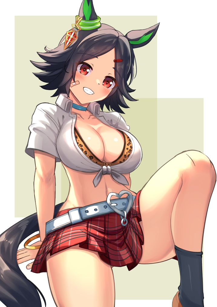 1girl, amesuku_gyaru, animal_ears, bandaid, bandaid_on_face, black_hair, blue_choker, bracelet