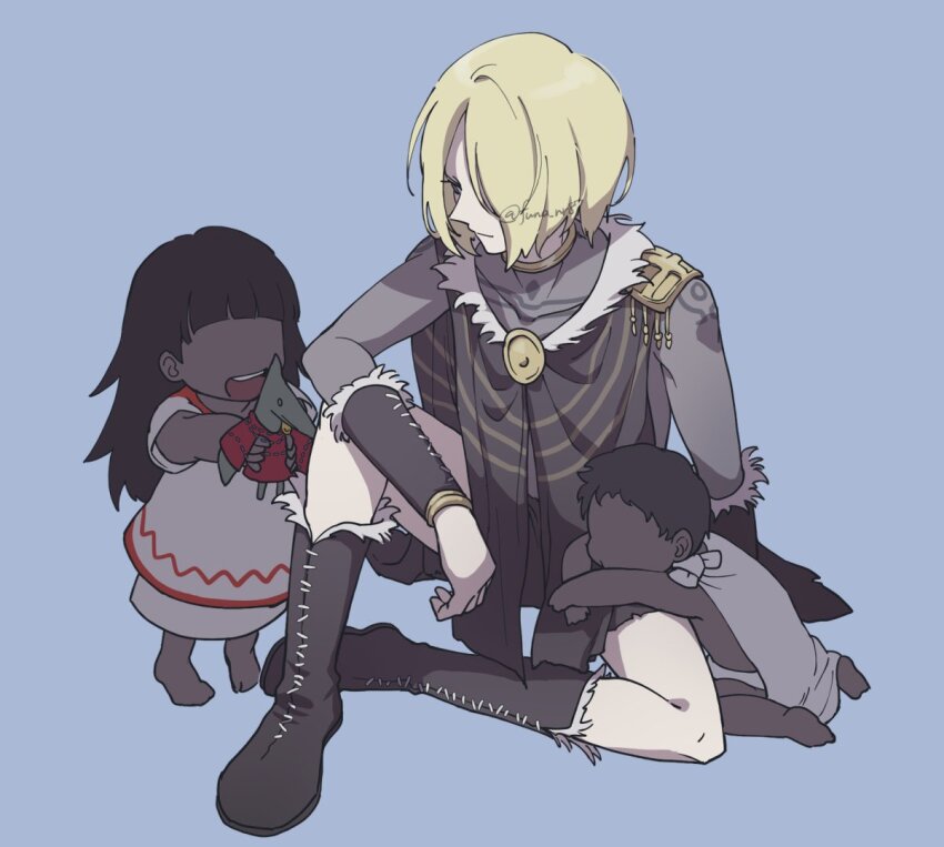 1girl, 2boys, black_boots, black_hair, blonde_hair, boots, child, fate/grand_order