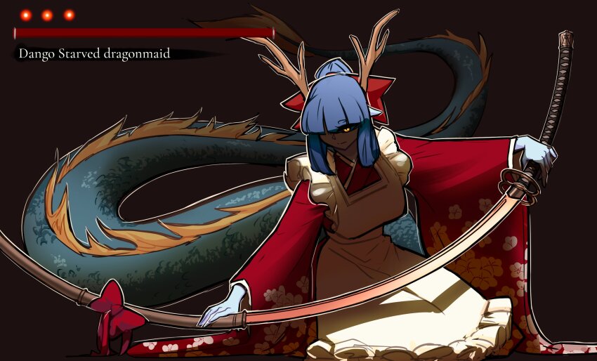 1girl, apron, centurii-chan, cherry_blossoms, dragon_girl, dragon_tail, eastern_dragon_maid_(murgoten), english_text, floral_print, health_bar, highres, holding, holding_sword, holding_weapon, japanese_clothes, katana, kimono, long_sleeves, original, pointy_ears, red_kimono, sheath, sheathing, solo, sword, tail, tail_raised, weapon, white_apron, wide_sleeves