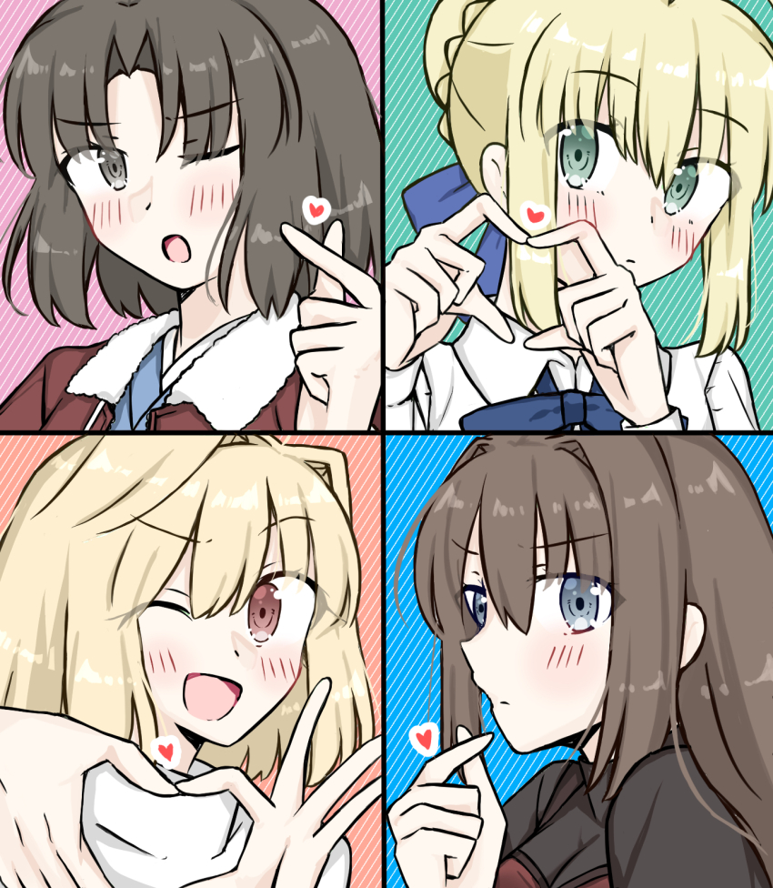 02surume, 4girls, ahoge, aozaki_aoko, arcueid_brunestud, artoria_pendragon_(fate), black_hair, blonde_hair
