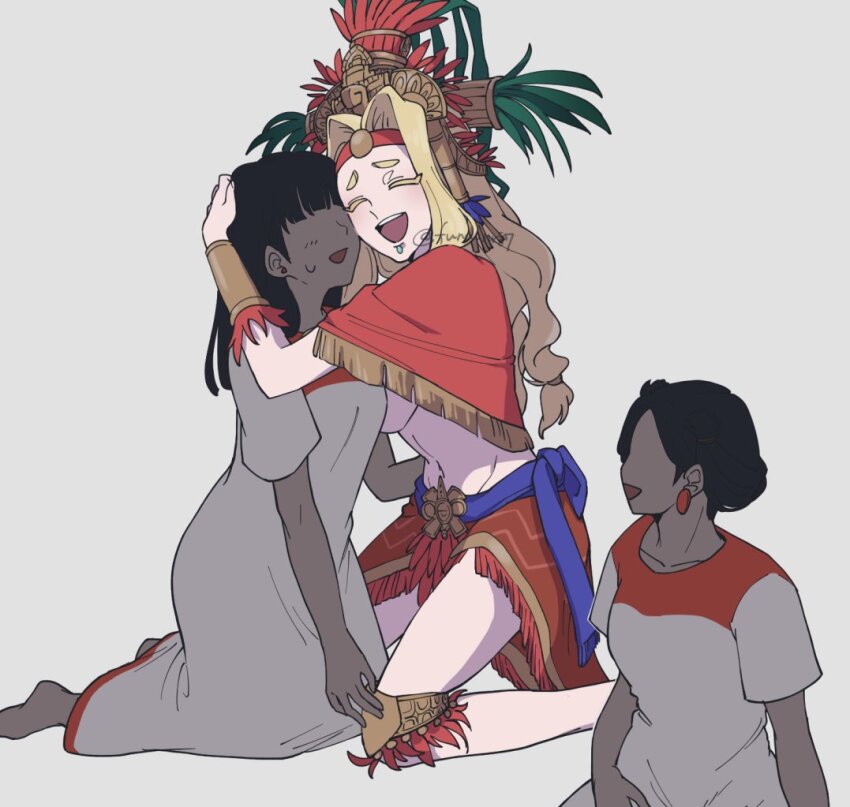 3girls, aztec, blonde_hair, blush, dark-skinned_female, dark_skin, fate/grand_order, fate_(series), happy, hug, huna_nr, long_hair, looking_at_another, multiple_girls, poncho, quetzalcoatl_(fate), skirt
