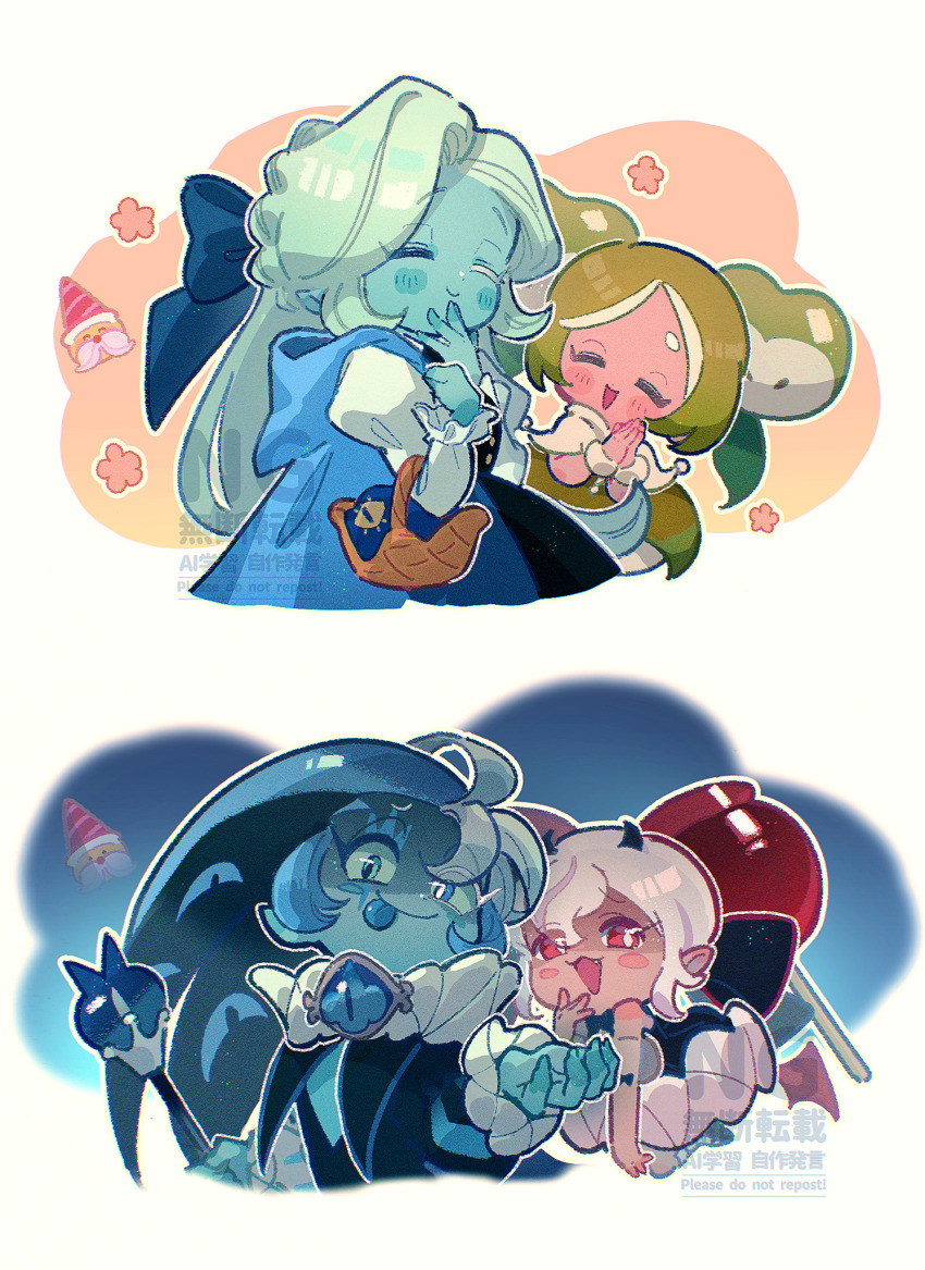 1boy, 2girls, apple_faerie_cookie, aqua_eyes, basket, blue_eyes, blue_flower, braid, candy_apple_cookie, chinese_commentary, cloak, commentary_request, cookie_run, cookie_run:_kingdom, crossdressing, crossdressing_(mtf), flower, flower_basket, heterochromia, highres, holding, holding_basket, hood, hooded_cloak, ishrkut, lady_in_azure, long_hair, looking_at_viewer, male_focus, multiple_girls, shadow_milk_cookie, smile, solo, translation_request, trap, white_background, white_hair