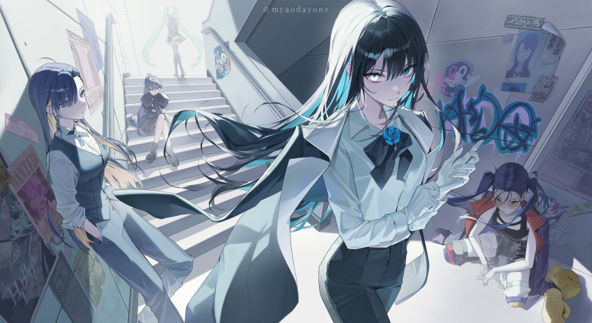 4girls, absurdres, ado_(utaite), against_wall, ahoge, all_night_radio, aqua_hair, arms_behind_back