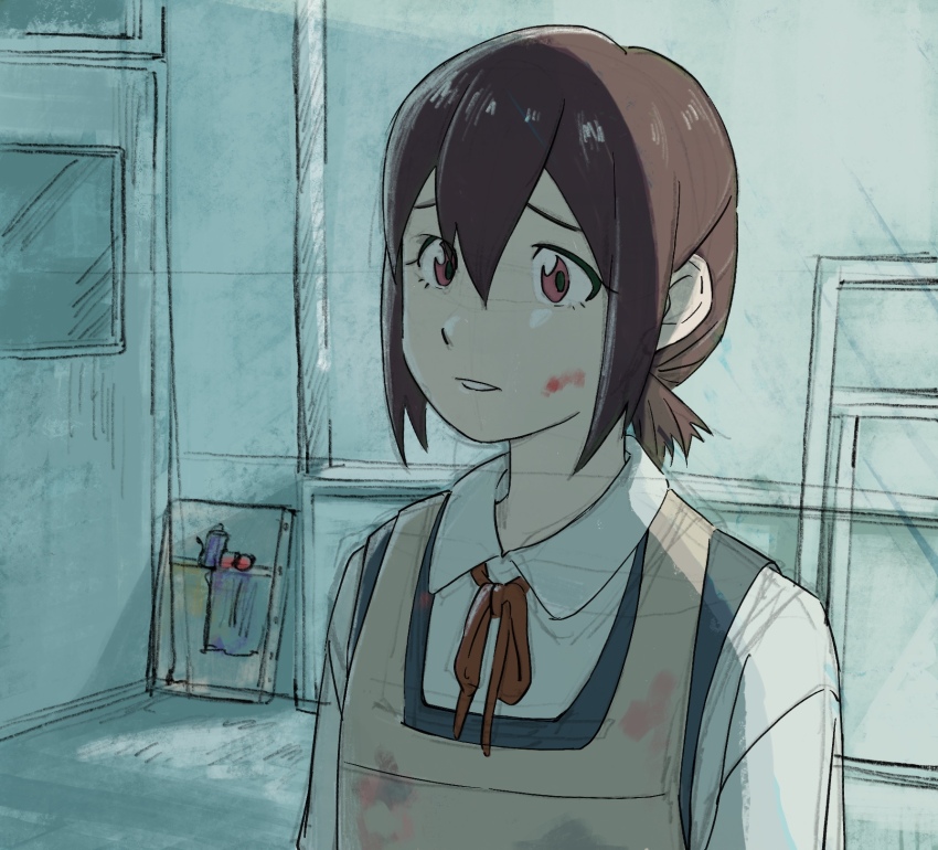 1girl, apron, blue_overalls, brown_hair, collared_shirt, door, highres, na1gahama