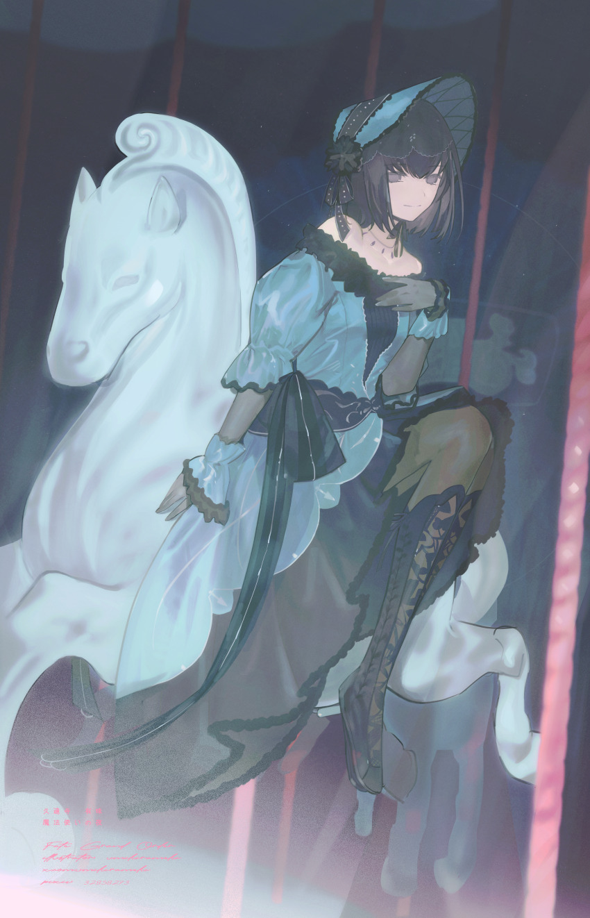 1girl, absurdres, amusement_park, bare_shoulders, black_capelet, black_dress, black_eyes, black_gloves, black_hair, blue_dress, boots, breasts, capelet, carrousel, dress, fate/grand_order, fate_(series), fur_hat, gloves, hair_between_eyes, hand_on_own_chest, hat, highres, horseback_riding, juliet_sleeves, kuonji_alice, leg_between_thighs, long_sleeves, looking_at_viewer, mahou_tsukai_no_yoru, puffy_sleeves, reien_girl's_academy_school_uniform, riding, school_uniform, short_hair, sidesaddle, skirt, sleeve_cuffs, smile, solo, thighhighs, type-moon, yuishironeko