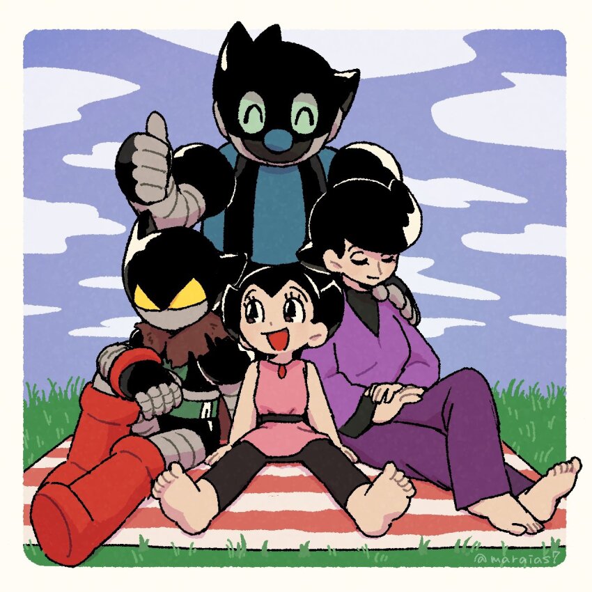 alternate_universe, atom_(tetsuwan_atom), barefoot, blue_sky, brother_and_sister, cape, closed_eyes, cloud