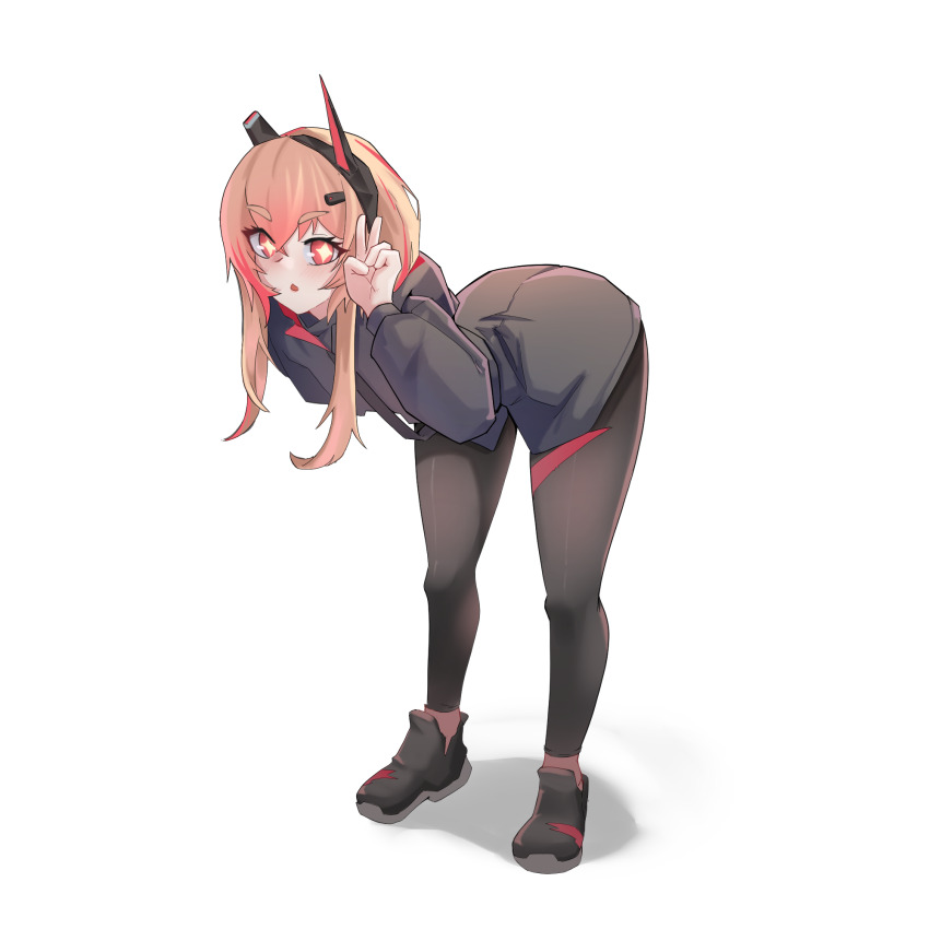 +_+, 1girl, :o, arm_behind_back, bent_over, black_jacket, blonde_hair, blush