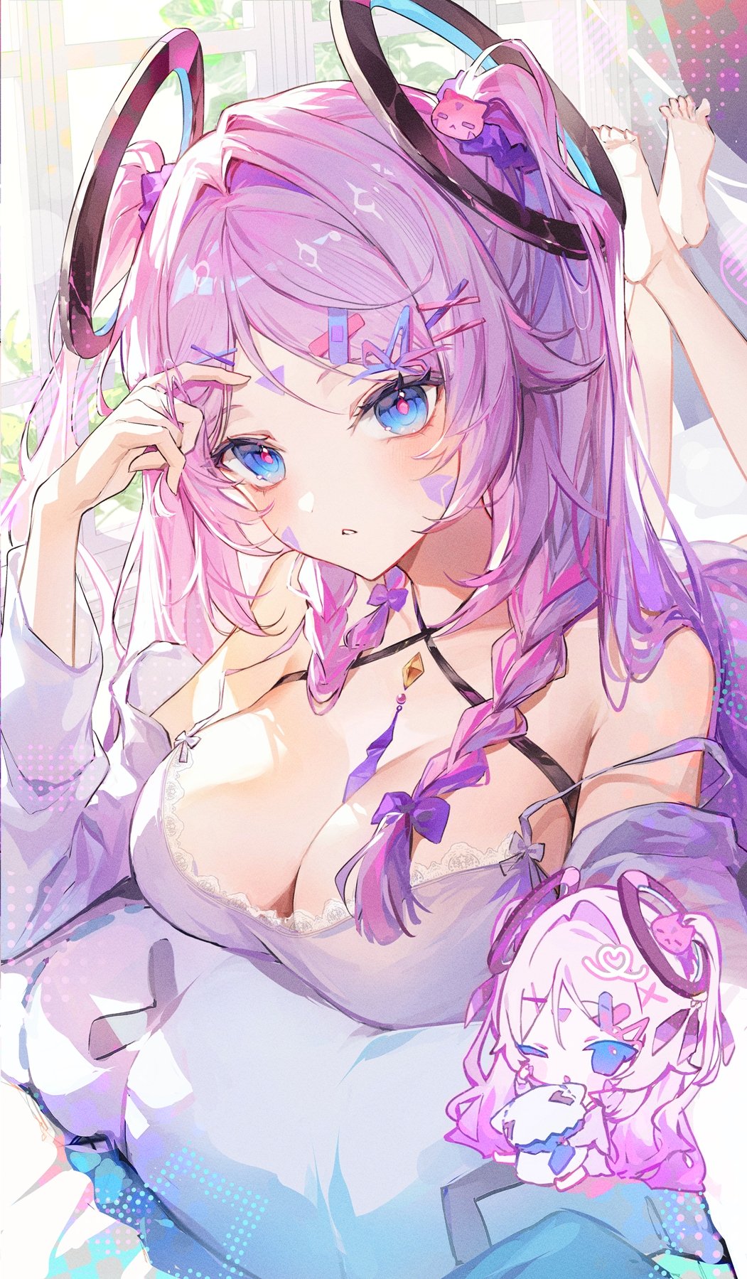 1girl, barefoot, blue_eyes, blush, bow, braid, breasts, chibi