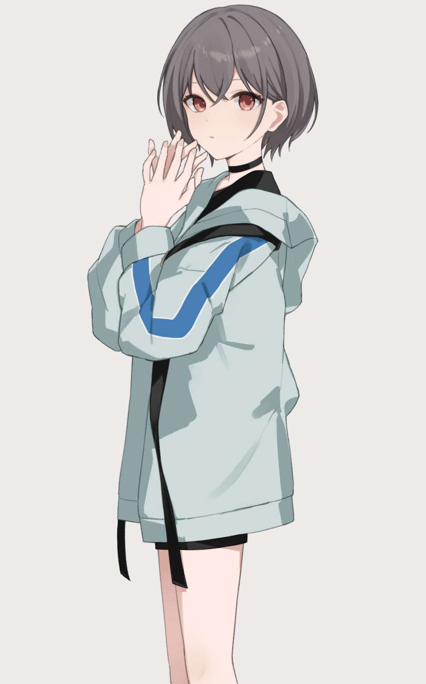 1girl, absurdres, bang_dream!, bang_dream!_it's_mygo!!!!!, black_choker, black_shirt, black_shorts, brown_eyes