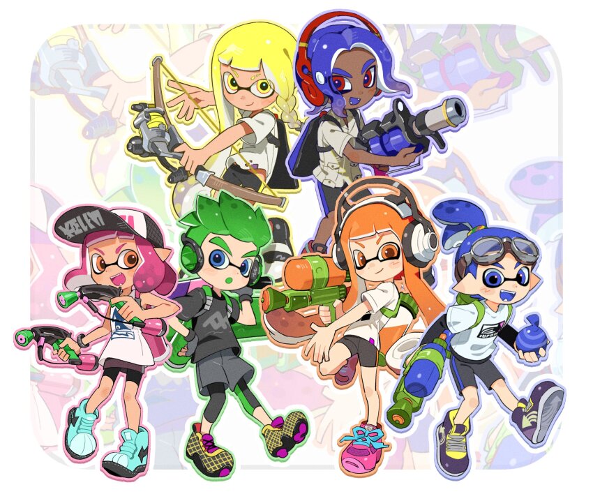 .96_gal_(splatoon), 3boys, 3girls, :d, aviator_goggles, baseball_cap, bike_shorts, black_leggings