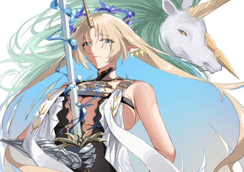 1girl, absurdres, bairimeng, bare_shoulders, blonde_hair, blue_eyes, blue_hair, breast_curtains