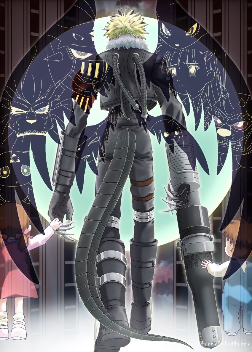 1girl, 2boys, absurdres, ai_(digimon_tamers), arm_cannon, beelzebumon, beelzebumon_blast_mode, black_boots