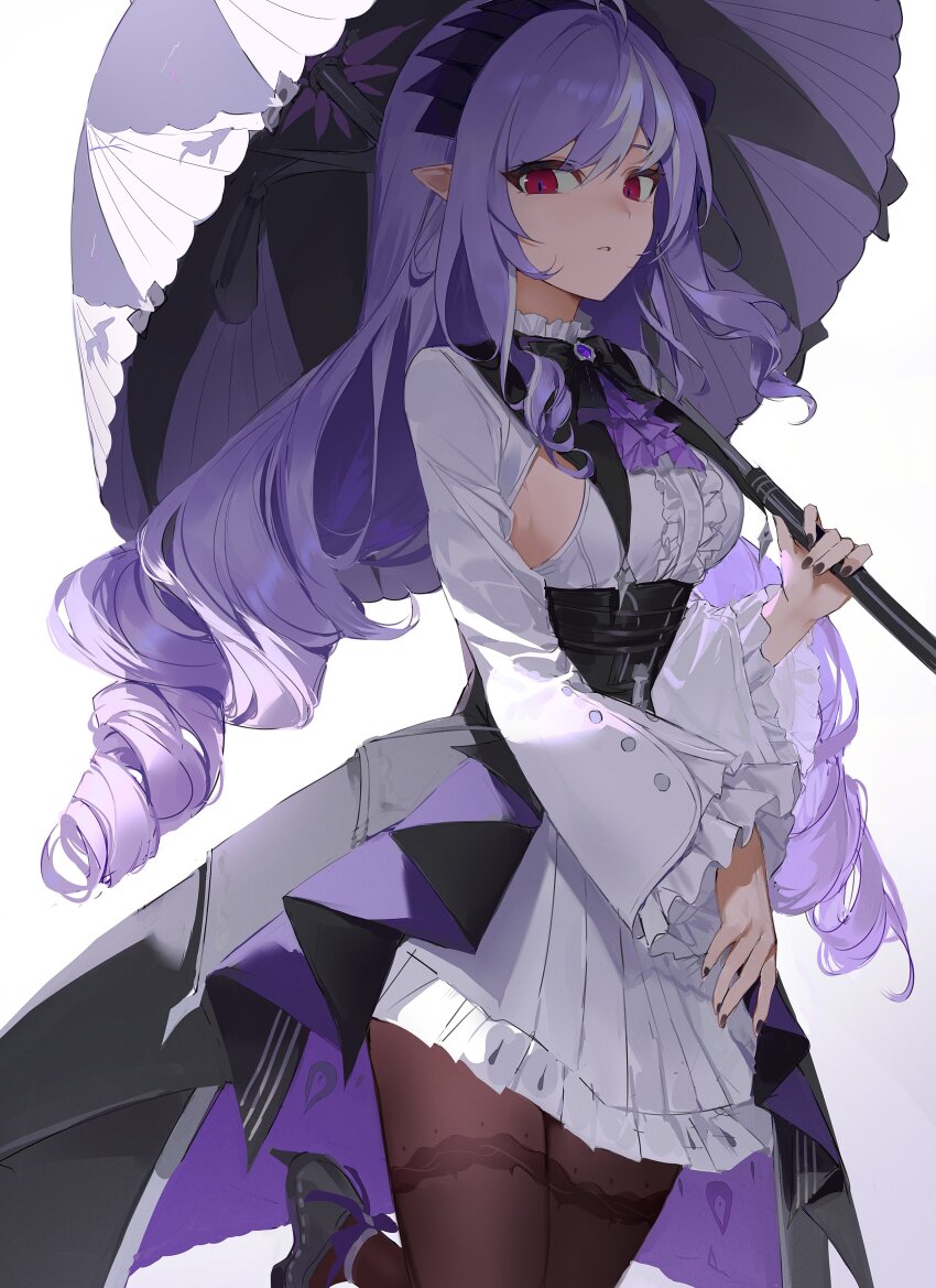 1girl, absurdres, ascot, baiser3rd, black_pantyhose, blue_pupils, breasts, center_frills