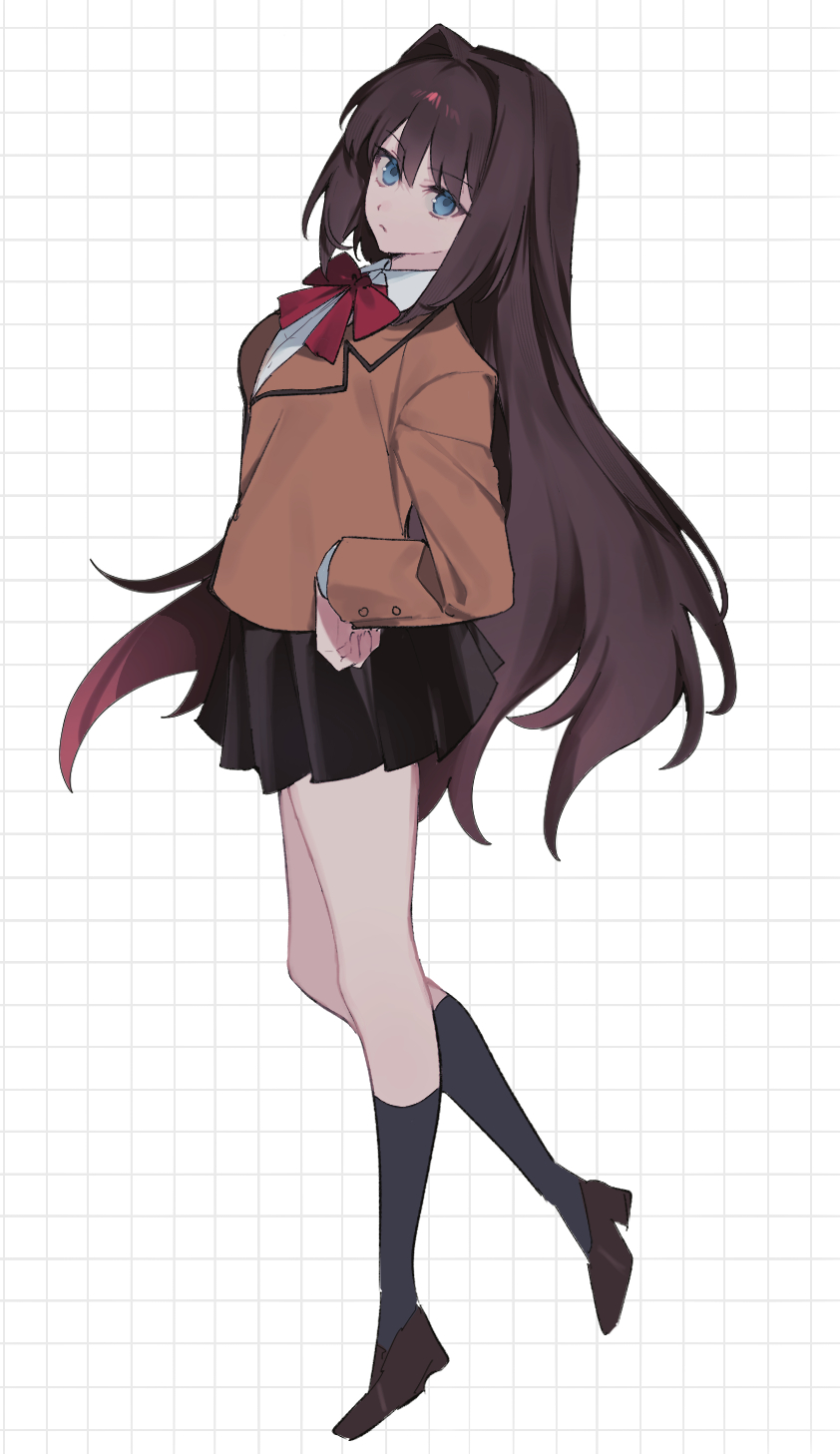 1girl, aozaki_aoko, black_skirt, black_socks, blue_eyes, brown_hair, brown_jacket, hair_intakes