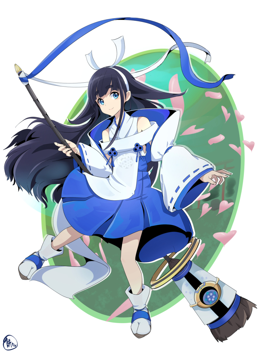 1girl, black_hair, blue_eyes, blue_ribbon, broom, cherry_blossoms, closed_mouth, duel_monster