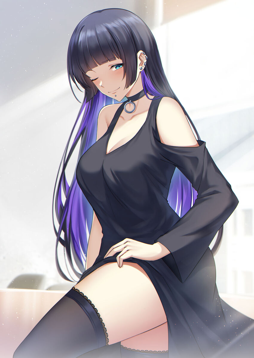 1girl, ;), absurdres, aqua_eyes, bare_shoulders, black_choker, black_dress, black_hair, black_thighhighs, blunt_bangs, blurry, blurry_background, blush, bocchi_the_rock!, breasts, chin_piercing, choker, cleavage, clothes_lift, clothing_cutout, collarbone, colored_inner_hair, cowboy_shot, dress, dress_lift, ear_cuffs, earrings, face_piercing, highres, jewelry, lace, lace-trimmed_thighhighs, lace_trim, large_breasts, lifting_own_clothes, light_particles, long_hair, long_sleeves, looking_at_viewer, multicolored_hair, o-ring, o-ring_choker, one_eye_closed, pa-san, piercing, purple_hair, rakugakki, shoulder_cutout, sidelighting, sidelocks, smile, solo, stud_earrings, sunlight, thighhighs