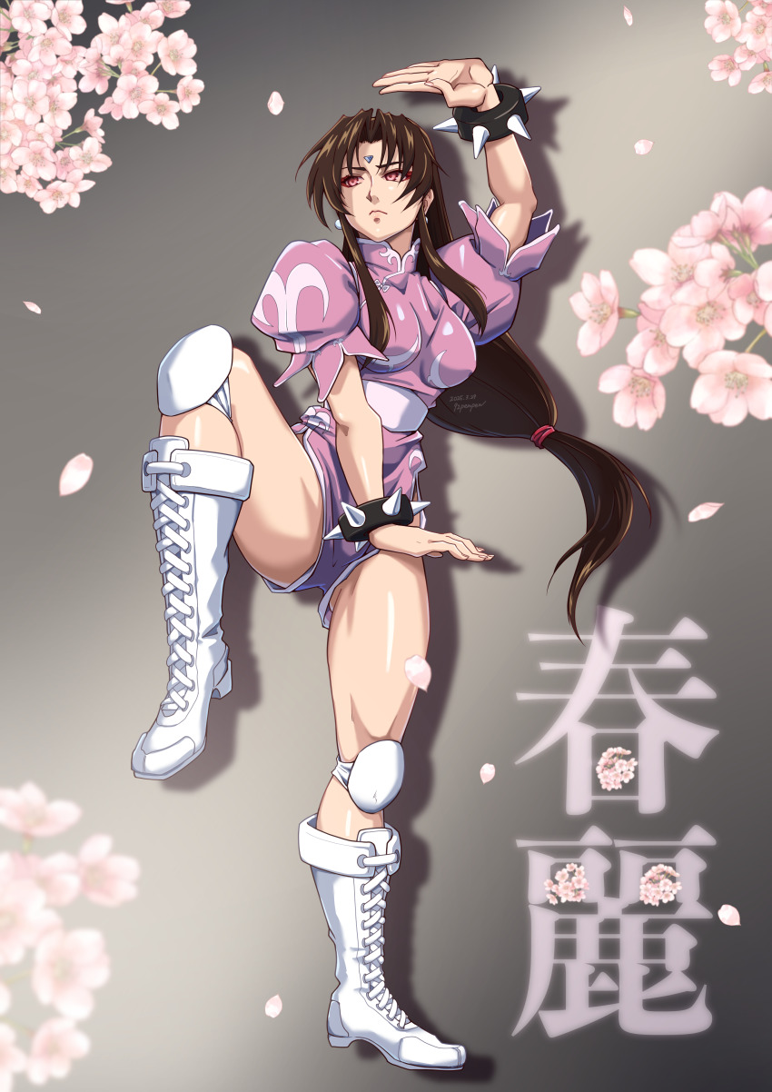 92penpen, absurdres, alternate_eye_color, alternate_hairstyle, boots, bracelet, capcom, chun-li