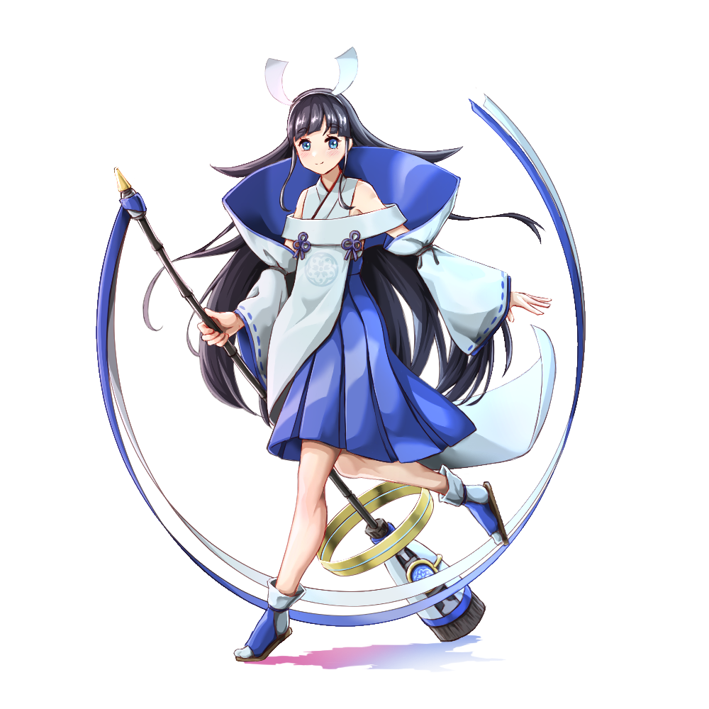 1girl, black_hair, blue_eyes, blue_ribbon, broom, cherry_blossoms, closed_mouth, duel_monster