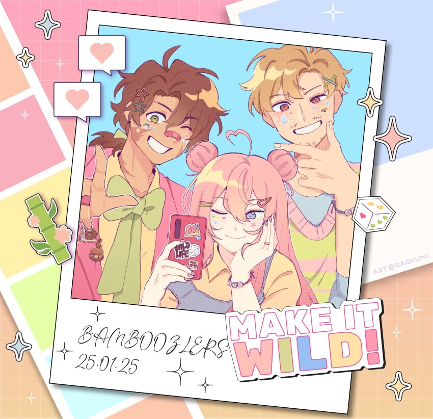 1girl, 2boys, absurdres, ahoge, alternate_costume, animification, bamboo, blonde_hair