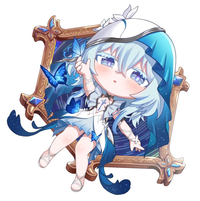 1girl, armlet, bare_legs, blue_butterfly, blue_eyes, blue_hair, blue_veil, bug