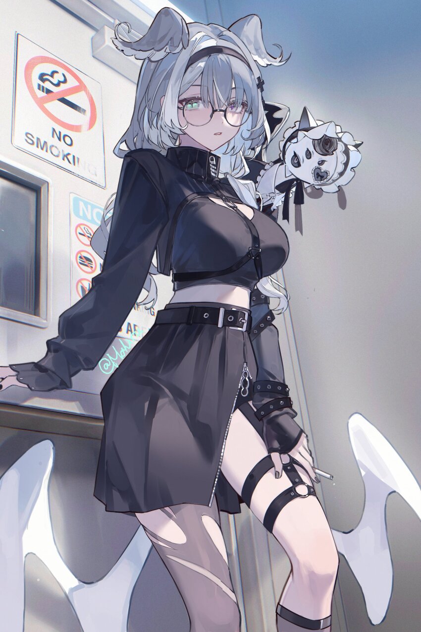 1girl, absurdres, aqua_eyes, black_hairband, breasts, chest_harness, cigarette, commentary