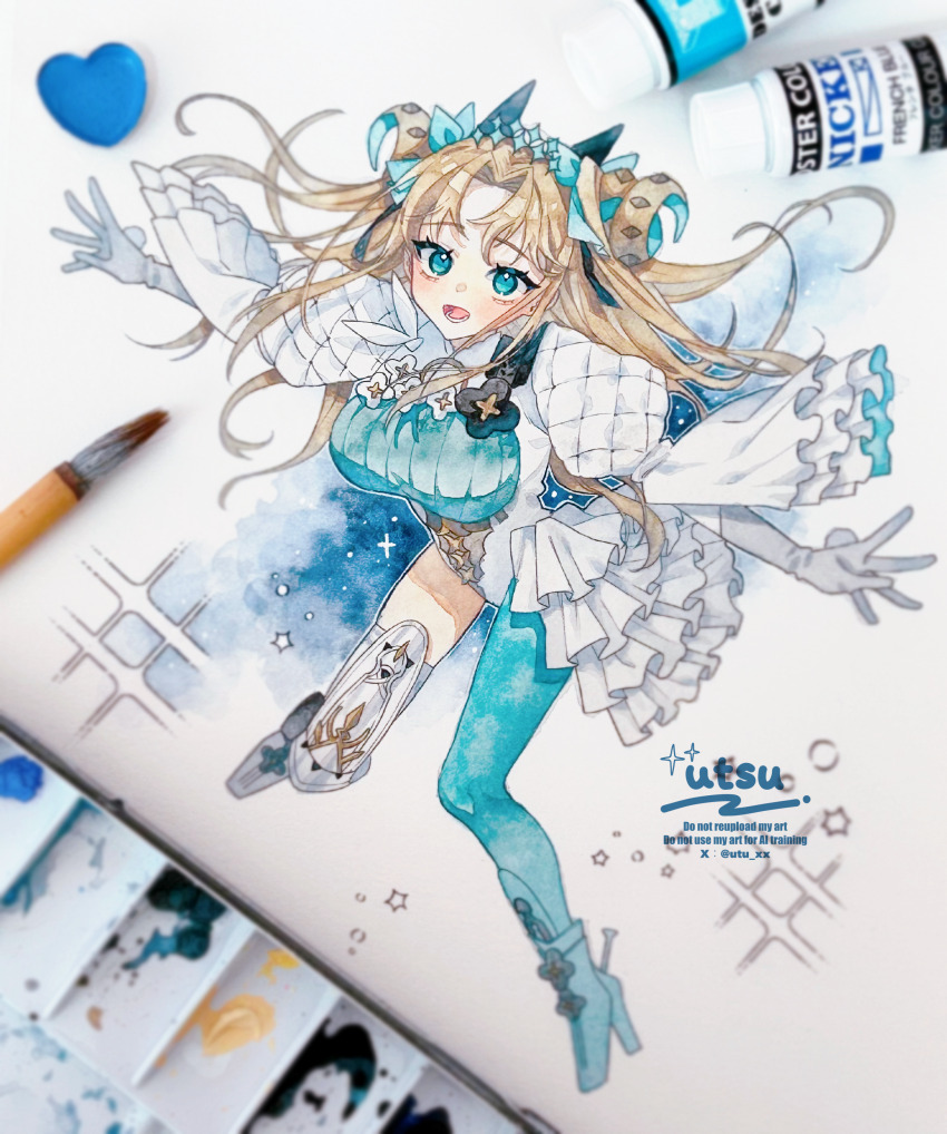 1girl, absurdres, aqua_eyes, blonde_hair, curled_horns, ereshkigal_(fate), fate/grand_order, fate_(series)