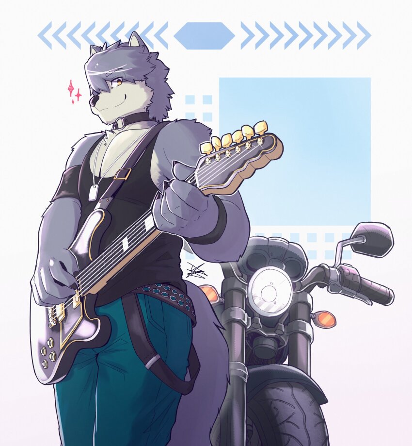 1boy, animal_ears, black_shirt, black_tank_top, choker, claws, closed_mouth, commentary, dog_boy, dog_ears, dog_tags, dog_tail, electric_guitar, english_commentary, furry, furry_male, guitar, highres, holding, holding_guitar, holding_instrument, instrument, jewelry, kouya_aotsuki, looking_at_viewer, male_focus, morenatsu, motor_vehicle, motorcycle, muscular, muscular_male, necklace, pectorals, shirt, signature, sleeveless, sleeveless_shirt, smile, sol_kanonn, sparkle, tail, tank_top