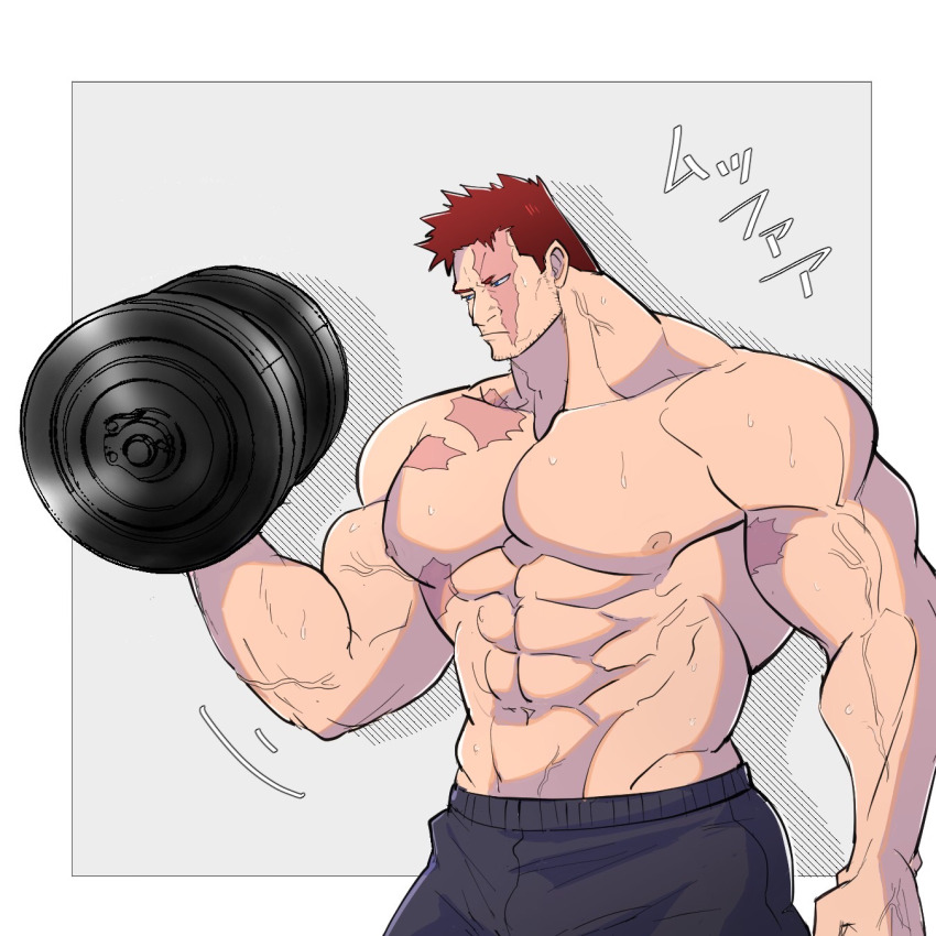 1boy, abs, bara, beard_stubble, blue_eyes, boku_no_hero_academia, commentary_request, endeavor_(boku_no_hero_academia)