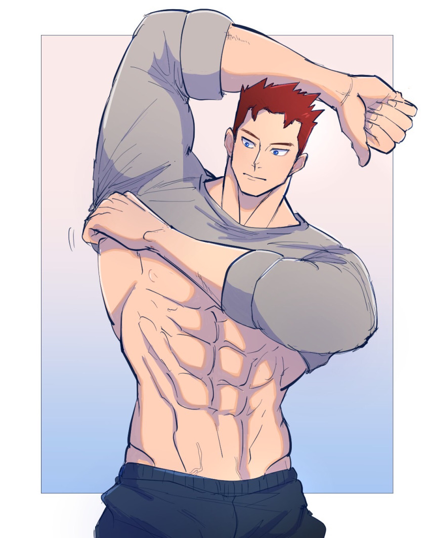 1boy, abs, aged_down, bara, bare_pectorals, boku_no_hero_academia, commentary_request, endeavor_(boku_no_hero_academia), highres, male_focus, mozi_mozi555, muscular, muscular_male, nipples, pectorals, red_hair, short_hair, solo