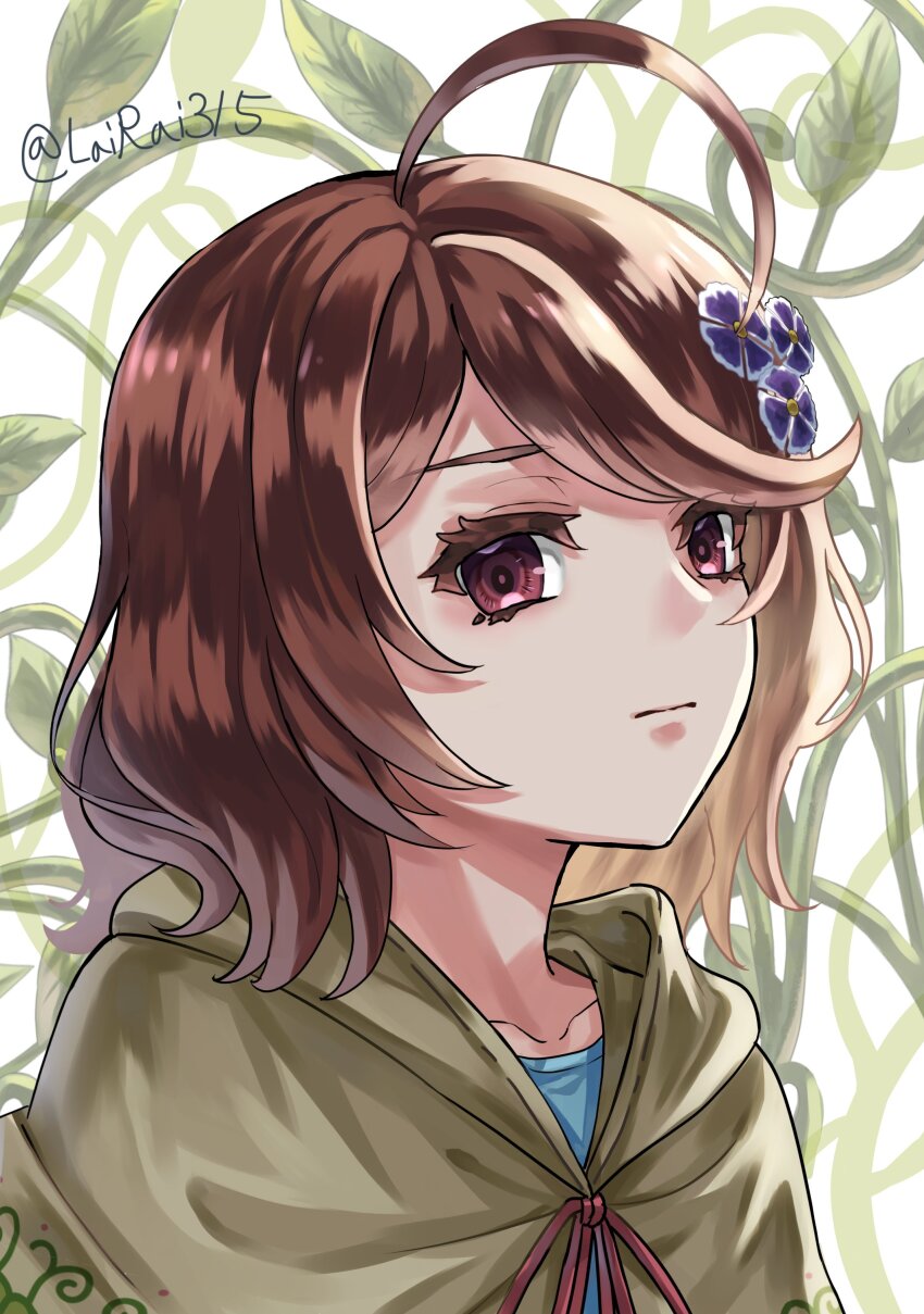 1girl, 888666, absurdres, ahoge, blue_shirt, bow, capelet, closed_mouth