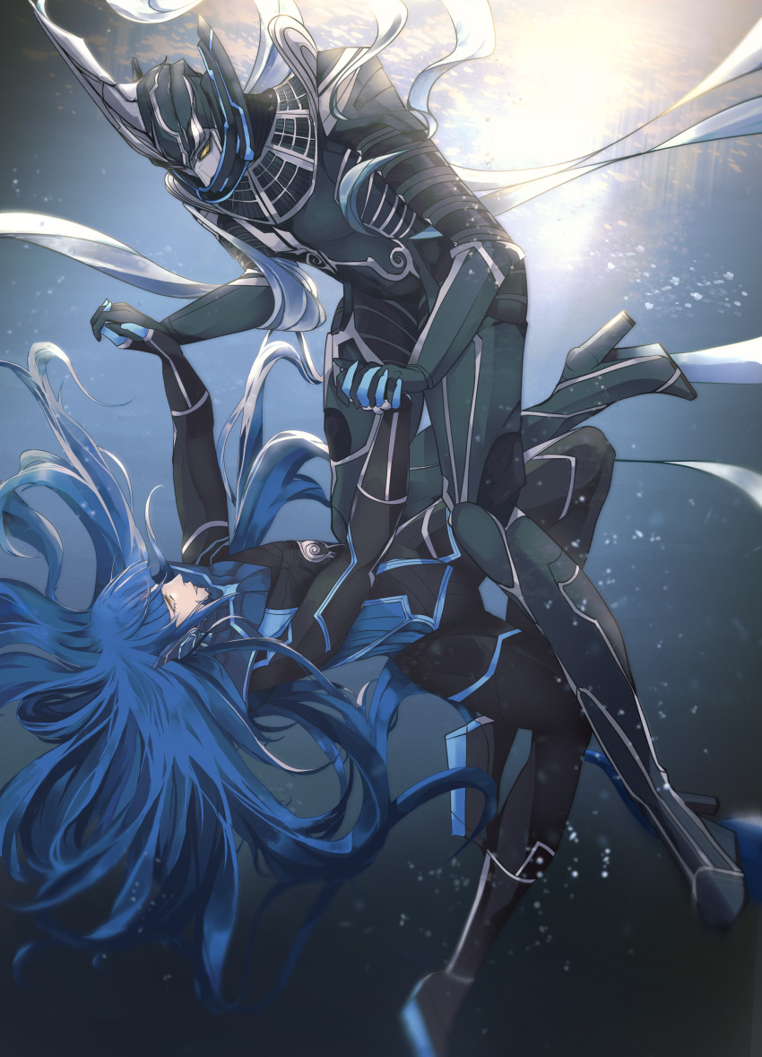 2boys, absurdres, androgynous, armored_bodysuit, blue_hair, blunt_bangs, gloves, hair_spread_out, helmet, highres, holding_hands, knee_up, long_hair, looking_at_another, looking_down, looking_up, male_focus, multiple_boys, omimomimo, outstretched_arms, protagonist_(aogami_nahobino)_(smtv), protagonist_(smtv), protagonist_(tsukuyomi_nahobino)_(smtv), shin_megami_tensei, shin_megami_tensei_v, sidelocks, tsukuyomi_(megami_tensei), underwater, very_long_hair, yellow_eyes