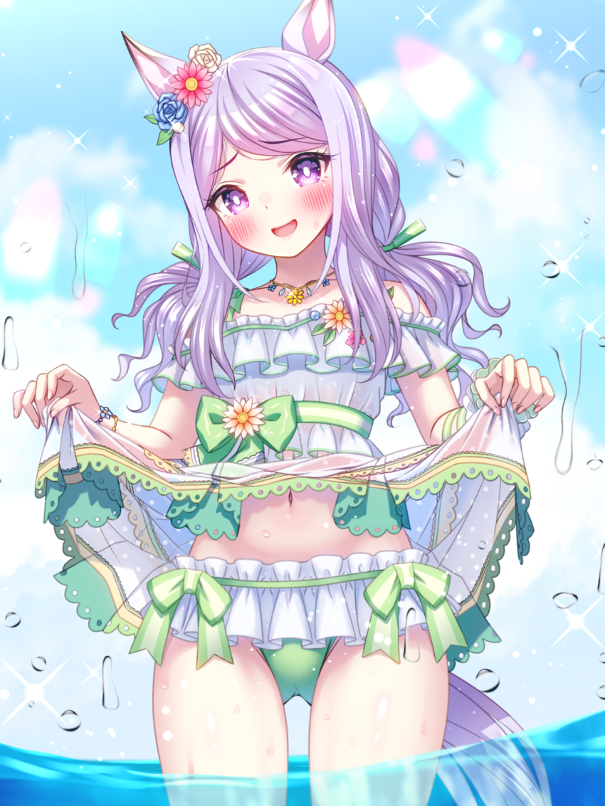 1girl, animal_ears, beach, blue_eyes, blush, breasts, cleavage, collarbone