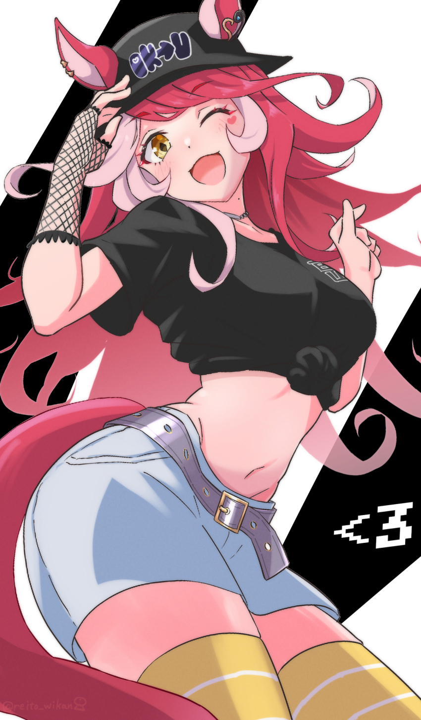 1girl, belt, boc'z_(umamusume), bucket_hat, commentary_request, hair_between_eyes, hair_ornament, hat