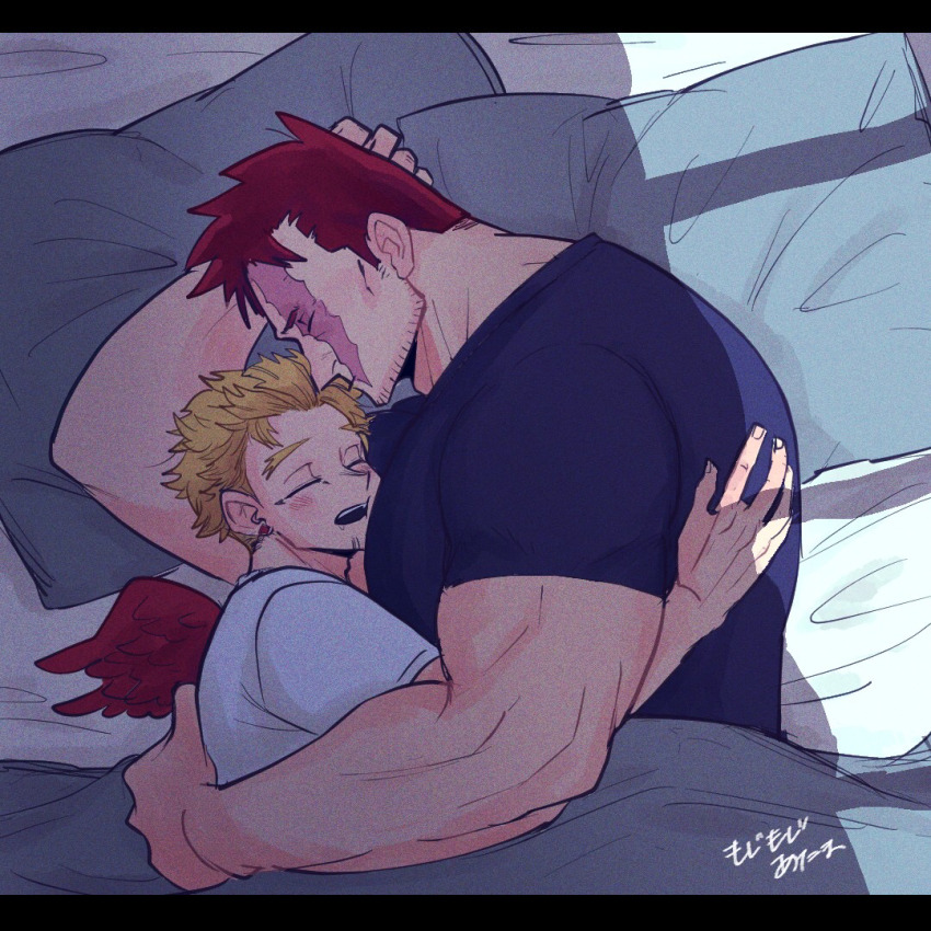 2boys, bara, beard_stubble, blonde_hair, boku_no_hero_academia, commentary_request, endeavor_(boku_no_hero_academia), facial_hair, hawks_(boku_no_hero_academia), lying, male_focus, mature_male, mozi_mozi555, multiple_boys, muscular, muscular_male, on_bed, on_side, pillow, red_hair, scar, scar_on_face, short_hair, sleeping, stubble, upper_body, yaoi