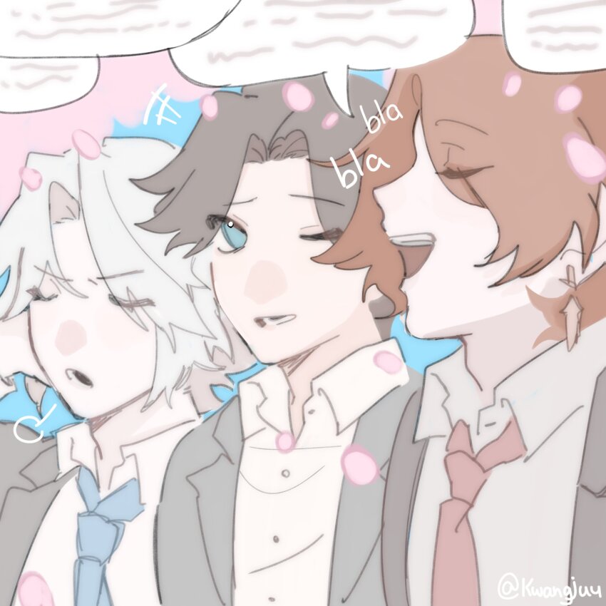 3boys, angeal_hewley, angeal_hewley_(shinra_private_academy), black_hair, blue_eyes, blue_necktie, brown_hair, cherry_blossoms