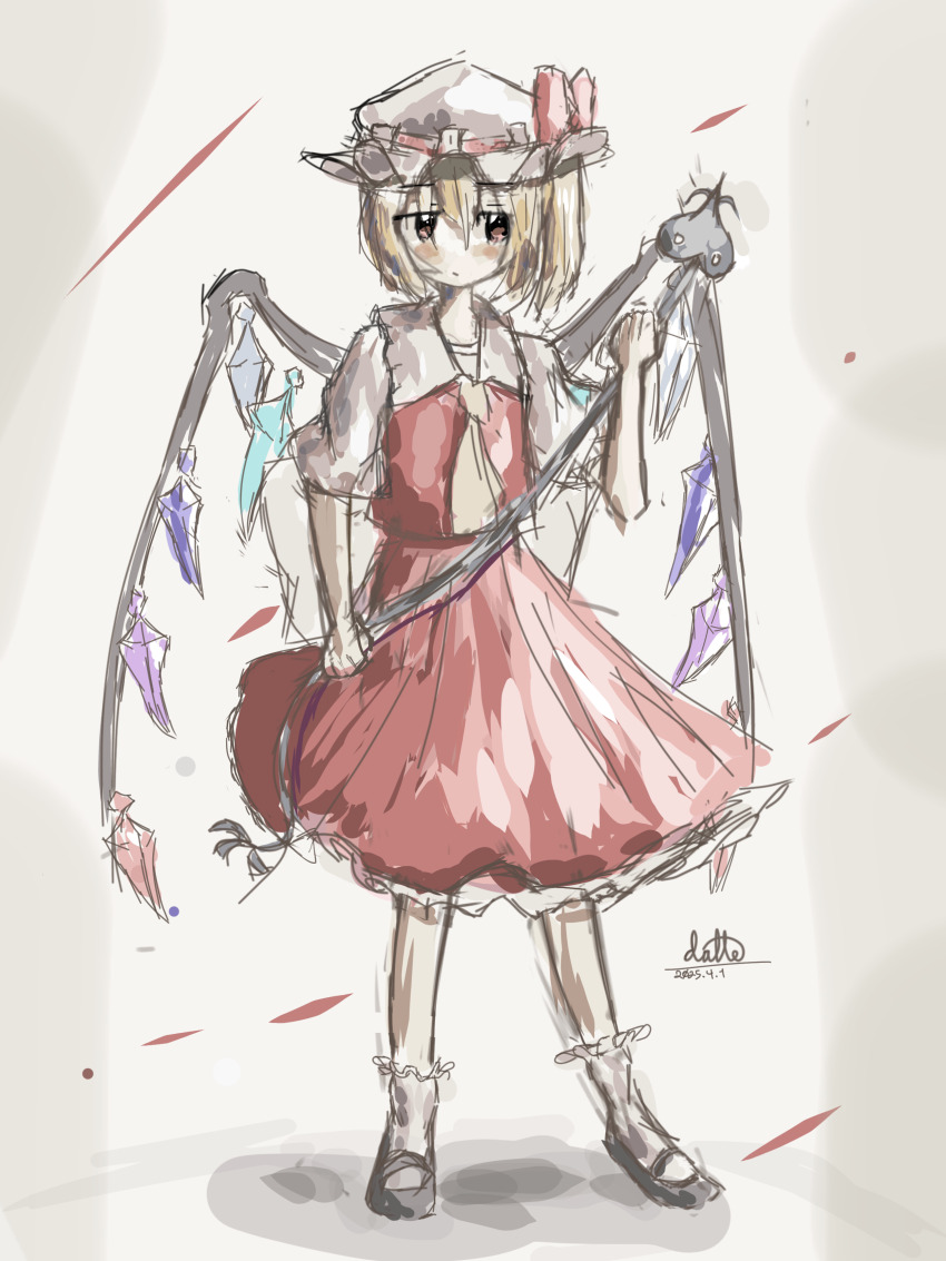 absurdres, commentary, crystal_wings, datte_(datte63), expressionless, flandre_scarlet, highres, holding, holding_weapon, non-web_source, self-upload, standing, touhou, weapon, wings