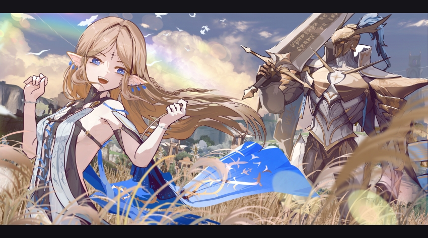 1girl, absurdres, armor, bare_shoulders, black_border, black_dress, blue_eyes, border, breast_curtains, capitaneus_(wuthering_waves), cartethyia_(wuthering_waves), commentary, dress, earrings, english_commentary, hands_up, highres, jewelry, letterboxed, open_mouth, outdoors, pointy_ears, ryeon_(naturesan), smile, tabard, tacet_mark_(wuthering_waves), teeth, upper_teeth_only, white_tabard, wuthering_waves